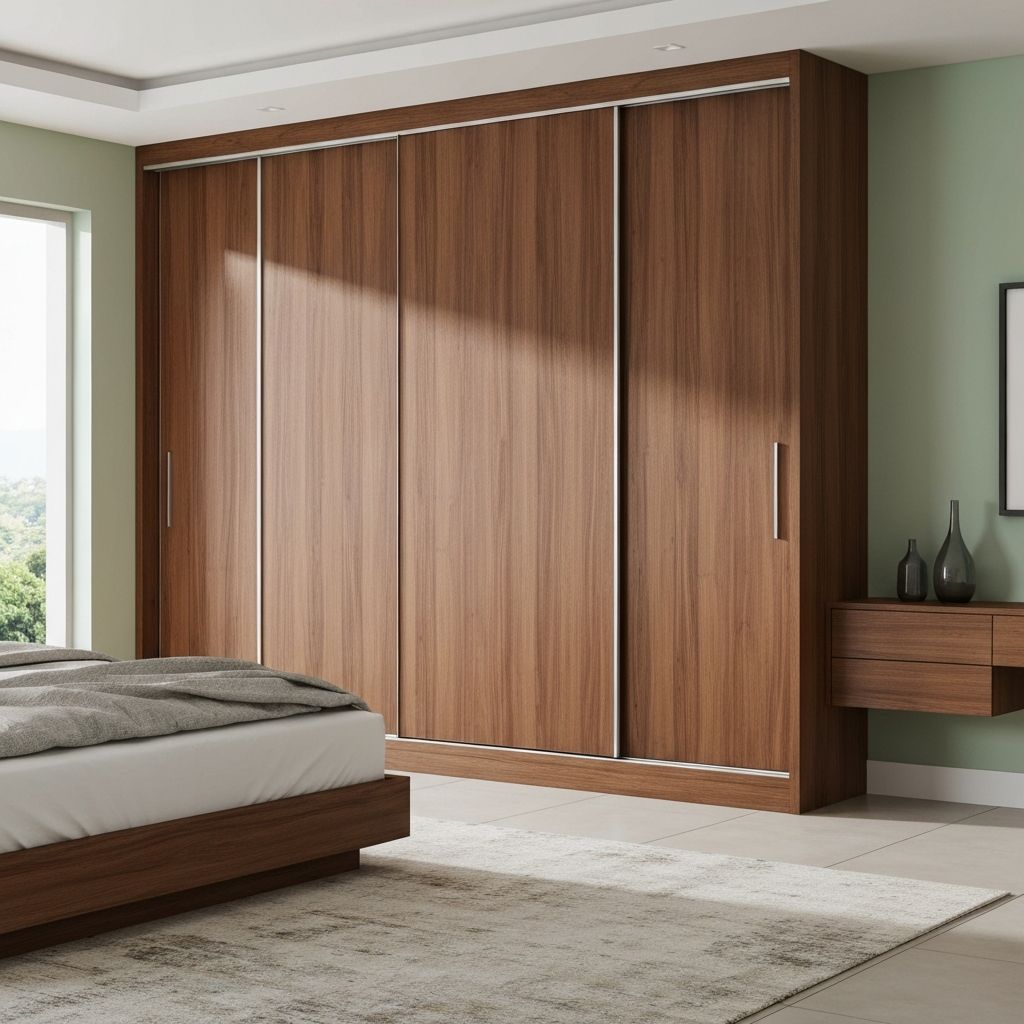 Modern sliding wardrobe with walnut wood finish in a luxury bedroom